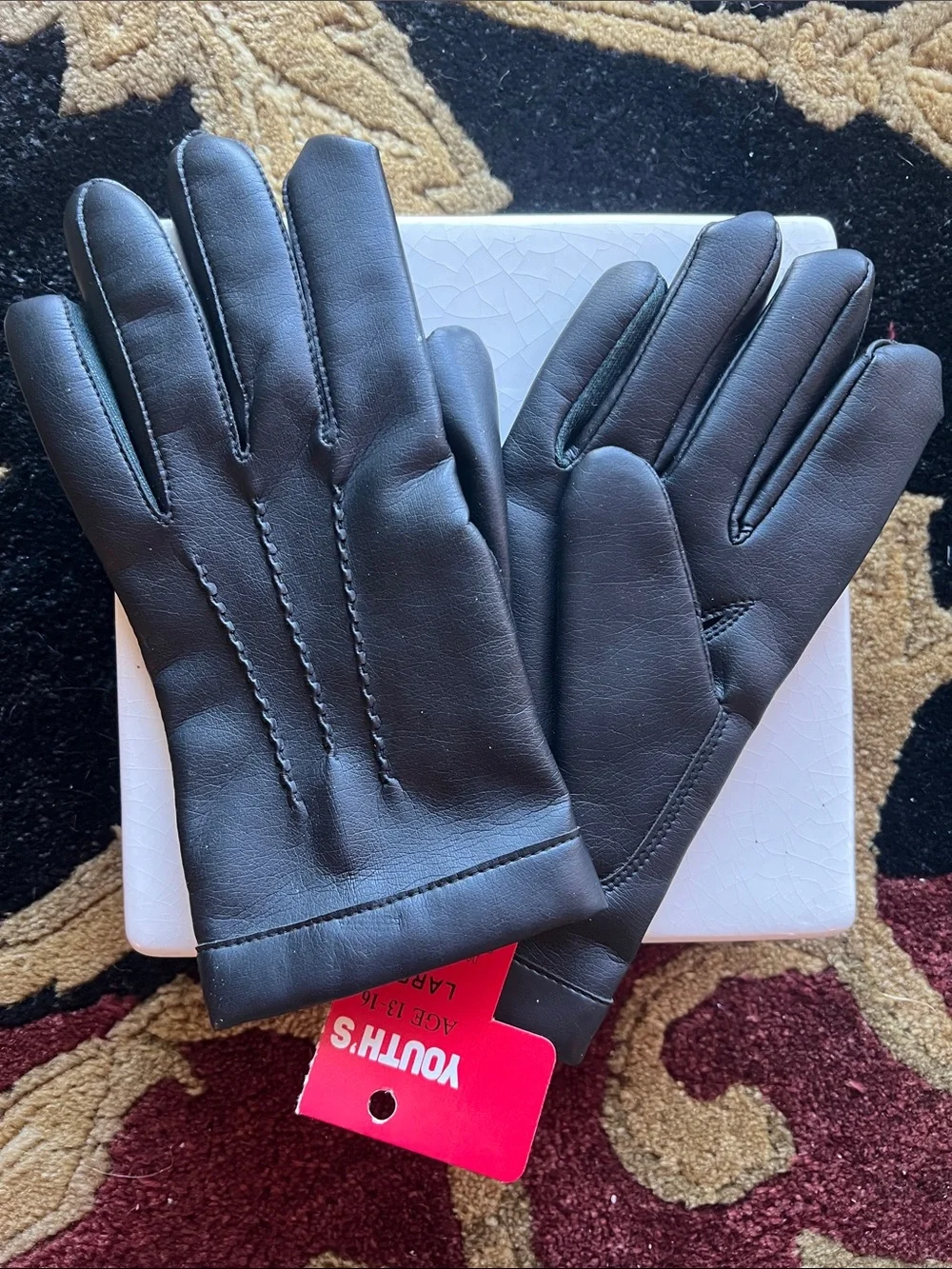 Youth Teen Boy’s Black Vegan Faux Leather Lined Dress Gloves Age 13 - 17 NEW L